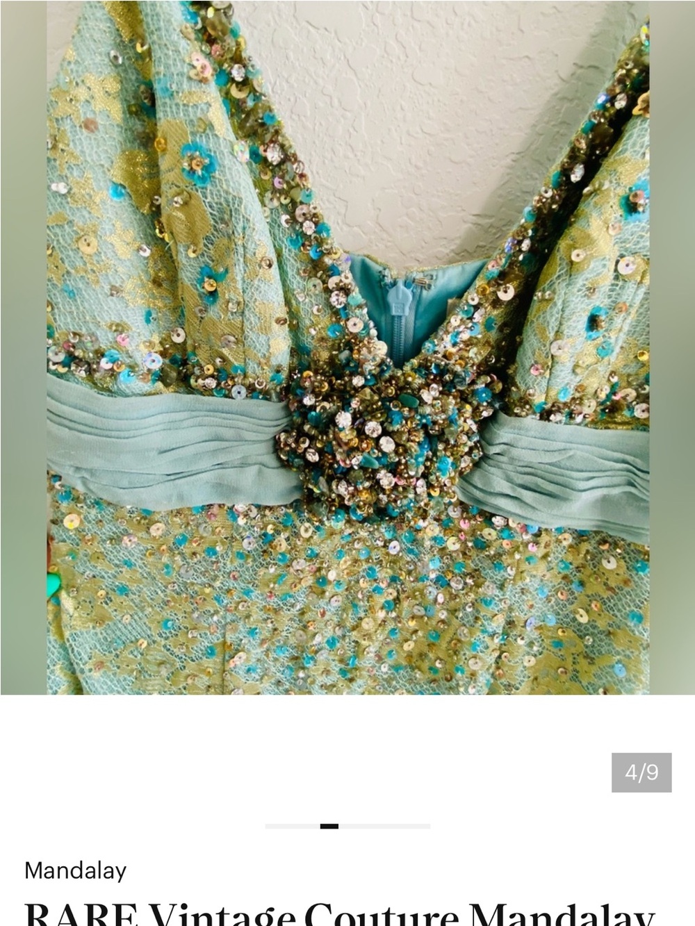 Vintage-Inspired Aqua Sequin Evening Dress with Beaded Rosette